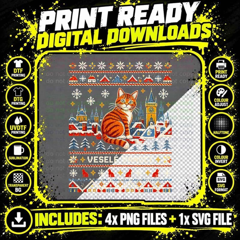 Vesele Vanoce Ginger Cat Prague Czech Ugly Christmas Sweater Halftone T-Shirt Png SVG Digital Bundle
