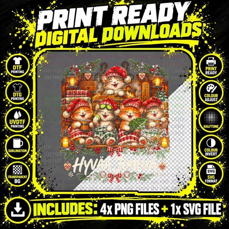 Hyvaa Joulua Funny Sauna Cats Santa Hats Finnish Christmas Halftone T-Shirt Png SVG Digital Bundle