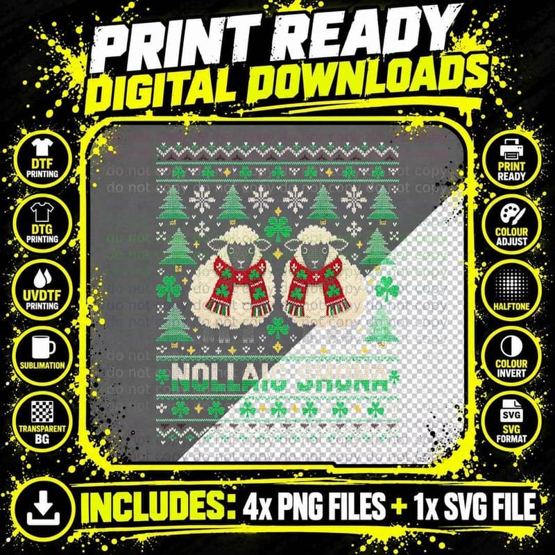 Nollaig Shona Irish Sheep Shamrock Ugly Christmas Sweater Knit Halftone T-Shirt Png SVG Digital Bundle