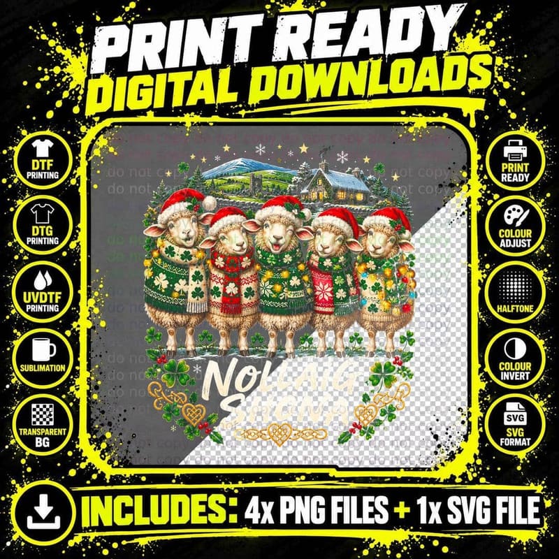 Nollaig Shona Irish Sheep Flock Shamrock Christmas Jumpers Halftone T-Shirt Png SVG Digital Bundle