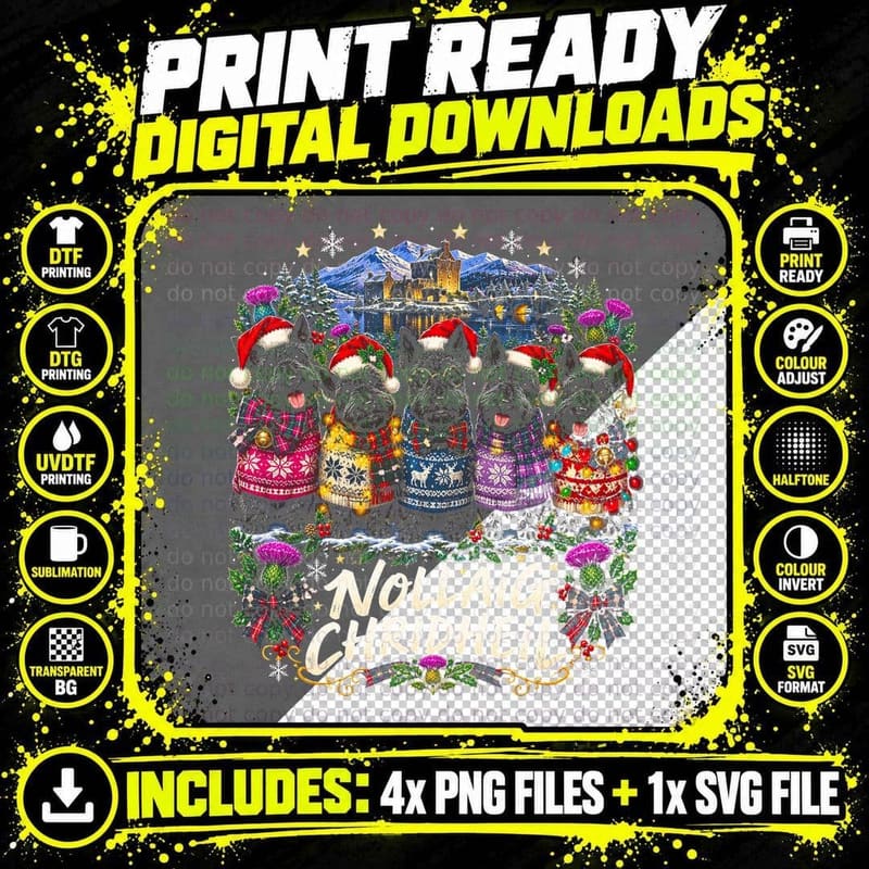 Nollaig Chridheil Scottish Terrier Scottie Dogs Xmas Jumpers Halftone T-Shirt Png SVG Digital Bundle