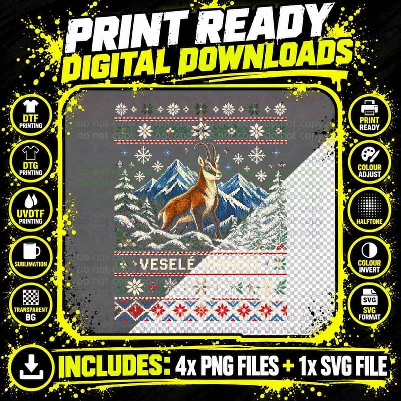 Vesele Vianoce Slovak Tatra Chamois Ugly Christmas Sweater Halftone T-Shirt Png SVG Digital Bundle