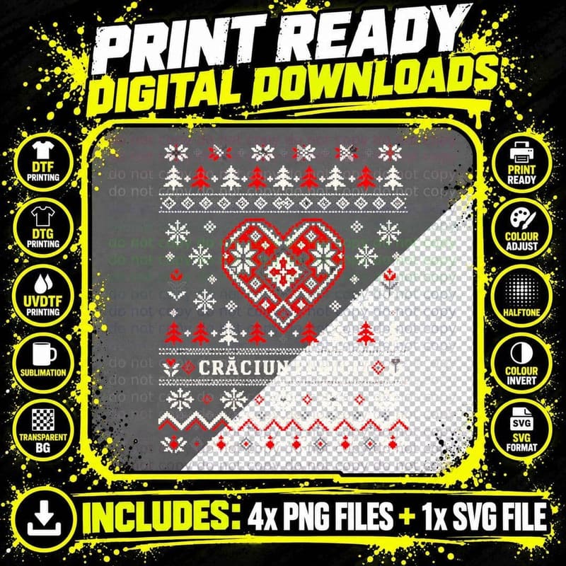 Craciun Fericit Romanian Folk Heart Ugly Christmas Sweater Knit Halftone T-Shirt Png SVG Digital Bundle