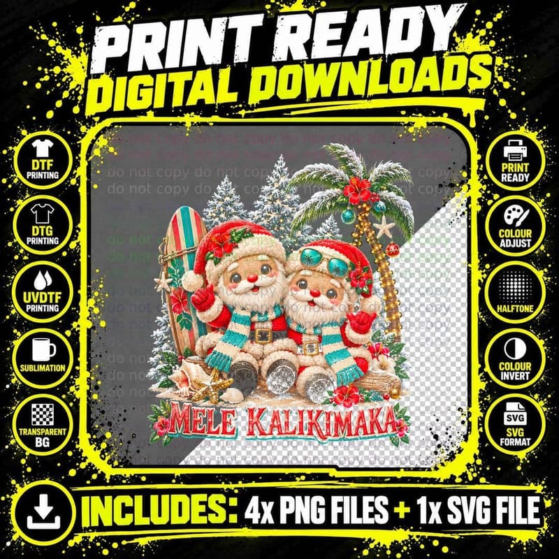 Mele Kalikimaka Plush Santas Surfboard Palm Hawaiian Christmas Halftone T-Shirt Png SVG Digital Bundle