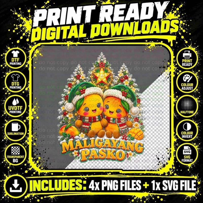 Maligayang Pasko Cute Plush Mangoes Parol Star Filipino Xmas Halftone T-Shirt Png SVG Digital Bundle