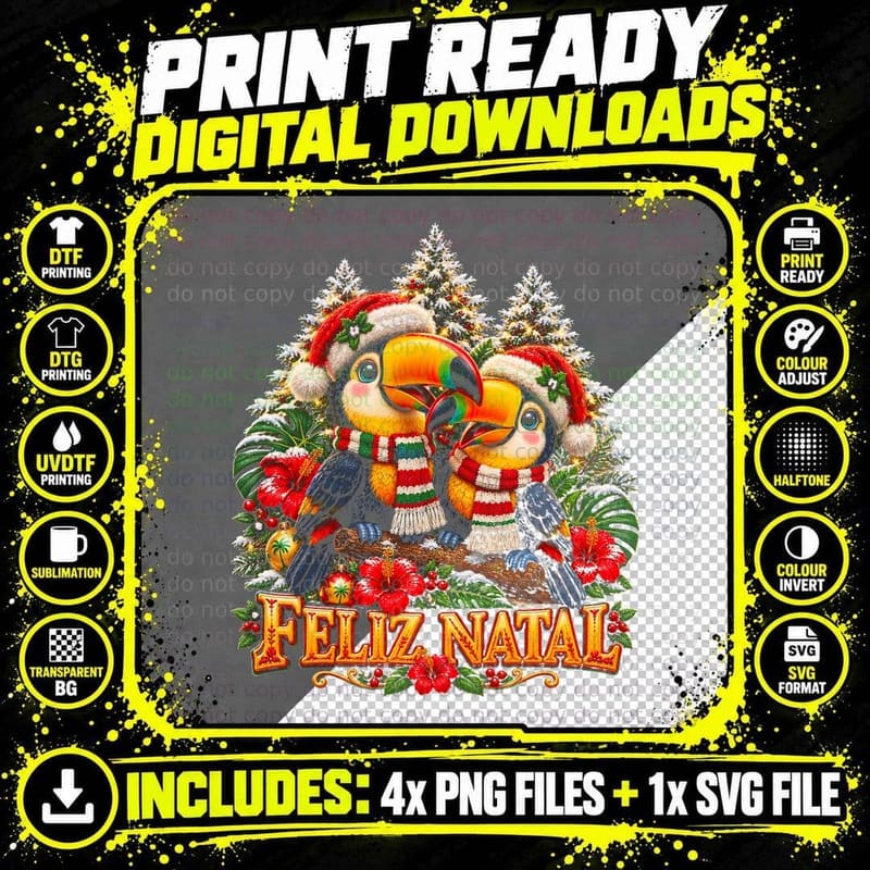 Feliz Natal Cute Toucans Santa Hats Brazil Tropical Christmas Halftone T-Shirt Png SVG Digital Bundle
