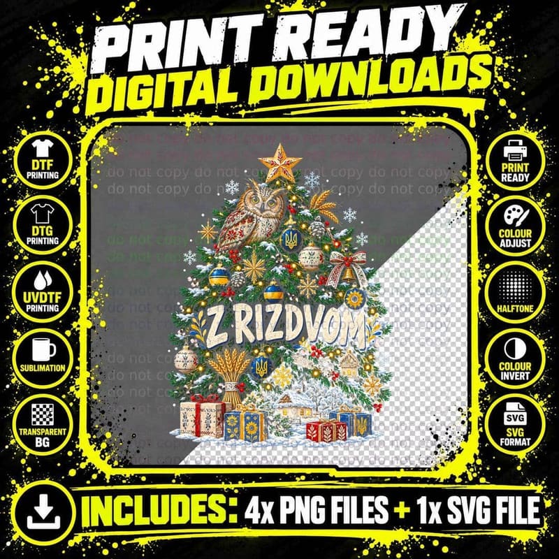 Z Rizdvom Ukraine Christmas Tree Embroidered Owl Wheat Sheaf Halftone T-Shirt Png SVG Digital Bundle