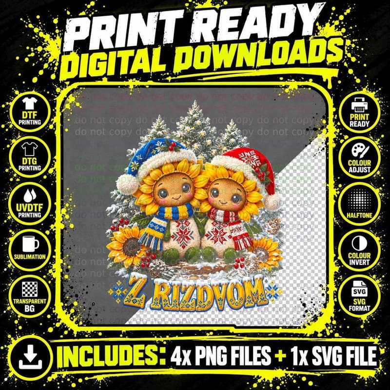 Z Rizdvom Cute Plush Sunflowers Ukrainian Christmas Scarves Halftone T-Shirt Png SVG Digital Bundle