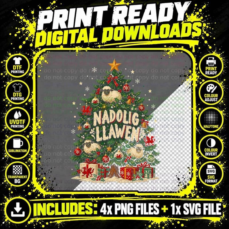 Nadolig Llawen Welsh Christmas Tree Woolly Sheep Dragon Wales Halftone T-Shirt Png SVG Digital Bundle