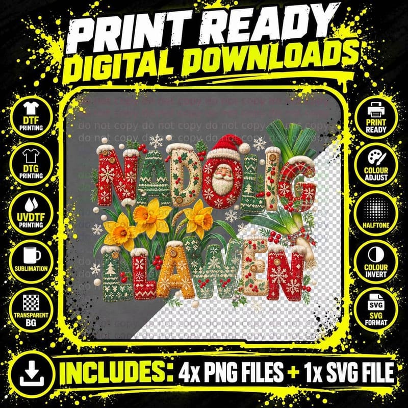 Nadolig Llawen Knitted Letters Daffodils Leeks Welsh Christmas Halftone T-Shirt Png SVG Digital Bundle