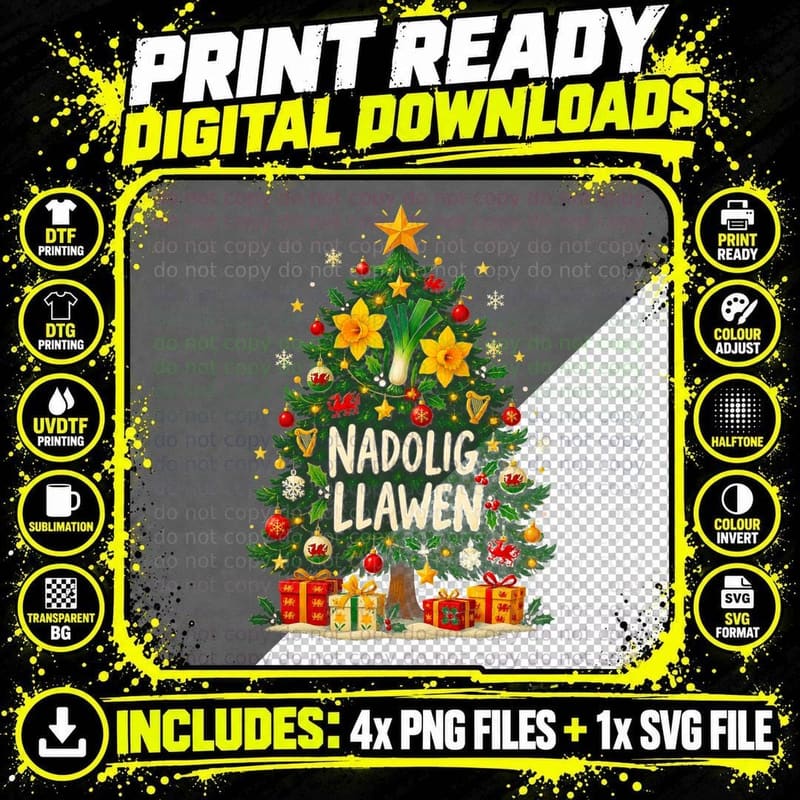 Nadolig Llawen Christmas Tree Daffodils Leek Welsh Harp Dragon Halftone T-Shirt Png SVG Digital Bundle