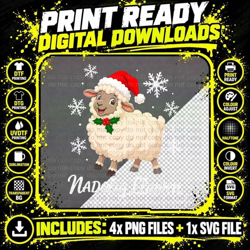 Nadolig Llawen Cute Welsh Sheep Santa Hat Holly Lamb Christmas Halftone T-Shirt Png SVG Digital Bundle