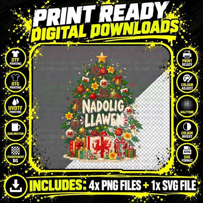 Nadolig Llawen Red Dragon Christmas Tree Welsh Flags Presents Halftone T-Shirt Png SVG Digital Bundle