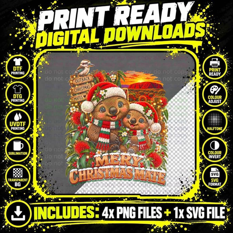 Merry Christmas Mate Wombats Kookaburra Outback Australian Halftone T-Shirt Png SVG Digital Bundle