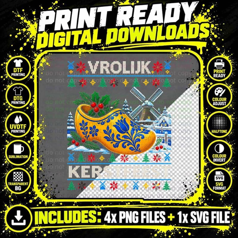 Vrolijk Kerstfeest Delft Blue Dutch Clog Windmill Xmas Sweater Halftone T-Shirt Png SVG Digital Bundle