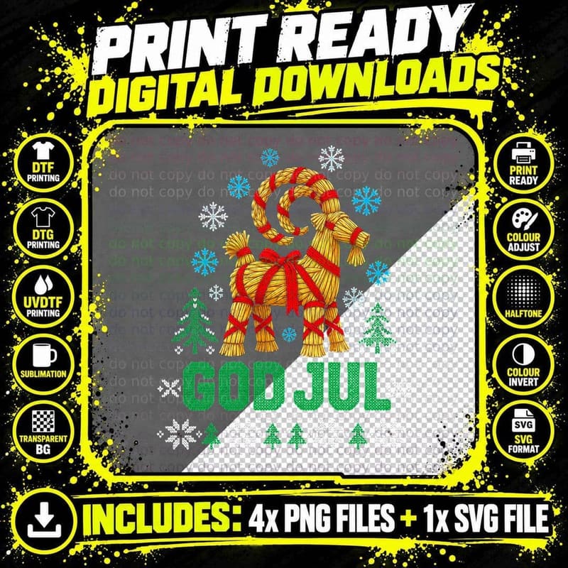 God Jul Swedish Yule Goat Straw Julbock Ugly Christmas Sweater Halftone T-Shirt Png SVG Digital Bundle