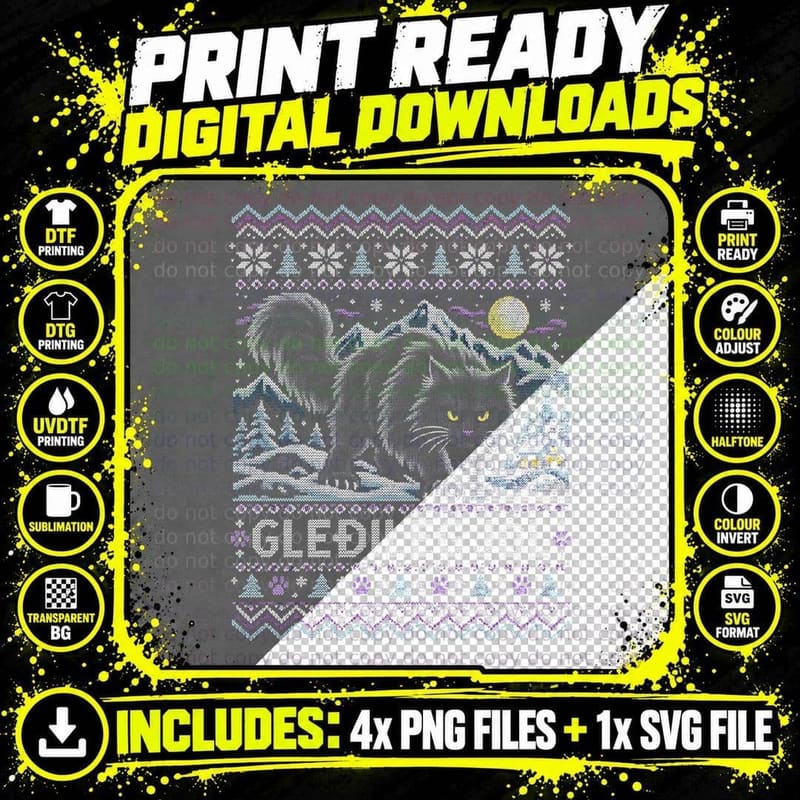 Gledileg Jol Icelandic Yule Cat Black Ugly Christmas Sweater Halftone T-Shirt Png SVG Digital Bundle