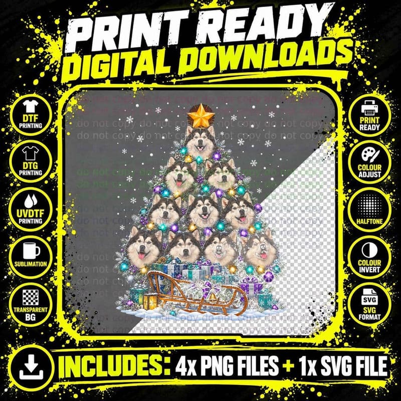 Alaskan Malamute Christmas Tree Made of Dogs Sled Dog Lover Halftone T-Shirt Png SVG Digital Bundle