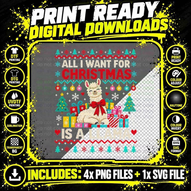 All I Want for Christmas Is a Llama Cute Ugly Sweater Jumper Halftone T-Shirt Png SVG Digital Bundle