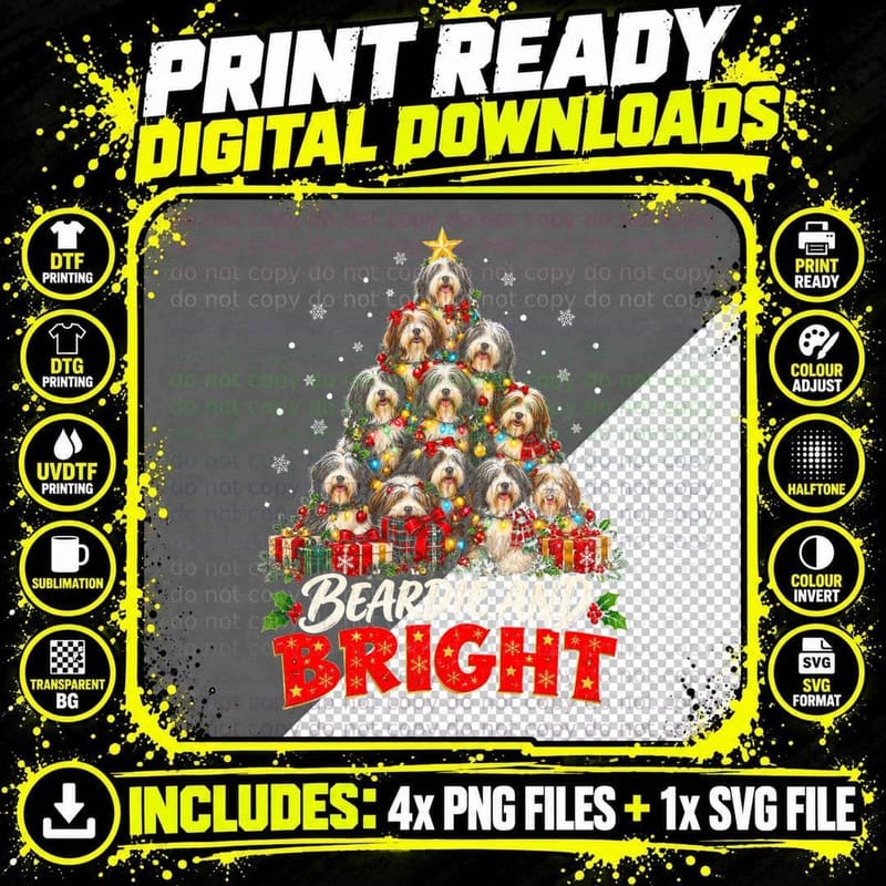 Beardie and Bright Bearded Collie Christmas Tree Made of Dogs Halftone T-Shirt Png SVG Digital Bundle