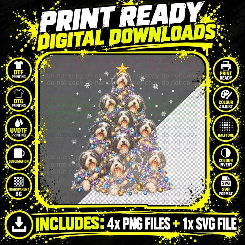 Bearded Collie Christmas Tree Tinsel Purple Baubles Dog Lover Halftone T-Shirt Png SVG Digital Bundle