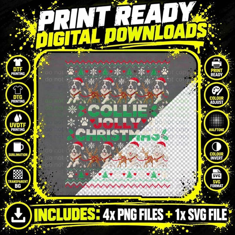 Border Collie Jolly Christmas Reindeer Sleigh Ugly Sweater Halftone T-Shirt Png SVG Digital Bundle