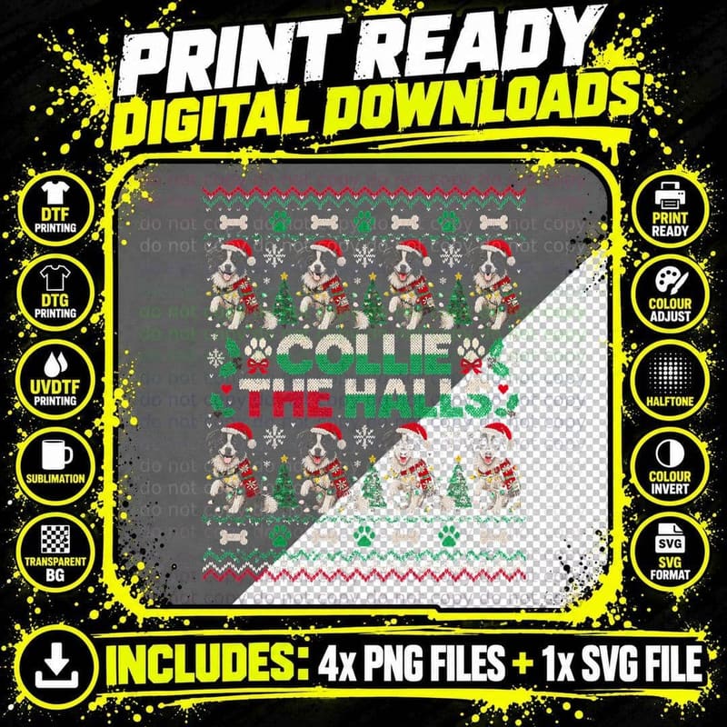Collie the Halls Border Sheepdog Ugly Christmas Sweater Bones Halftone T-Shirt Png SVG Digital Bundle