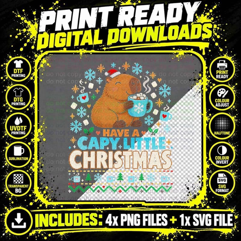 Christmas Capybara Ugly Sweater Hot Chocolate Funny Cozy Png SVG Digital Bundle