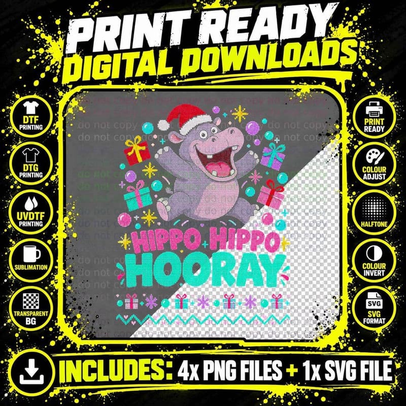 Christmas Hippo Ugly Sweater Funny Hippopotamus Santa Png SVG Digital Bundle