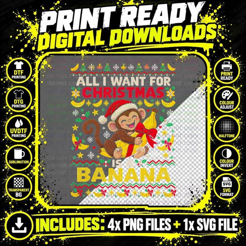 Christmas Monkey Banana Lover Funny Ugly Sweater Holiday Png SVG Digital Bundle