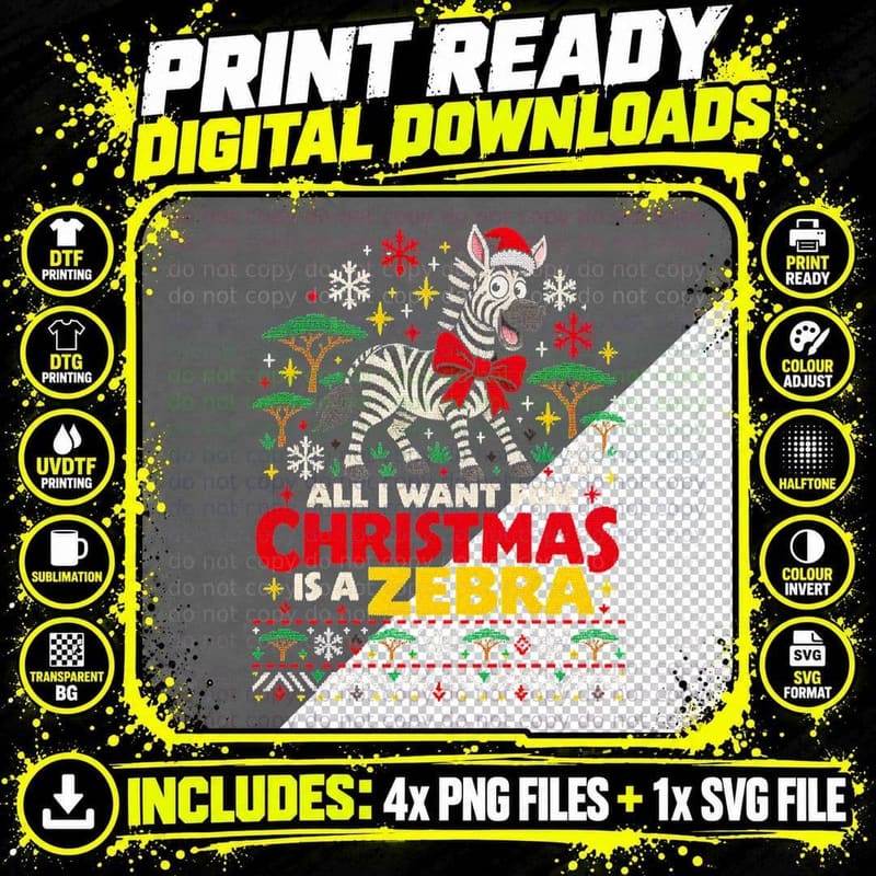 Christmas Zebra Ugly Sweater Funny Safari Animal Santa Png SVG Digital Bundle