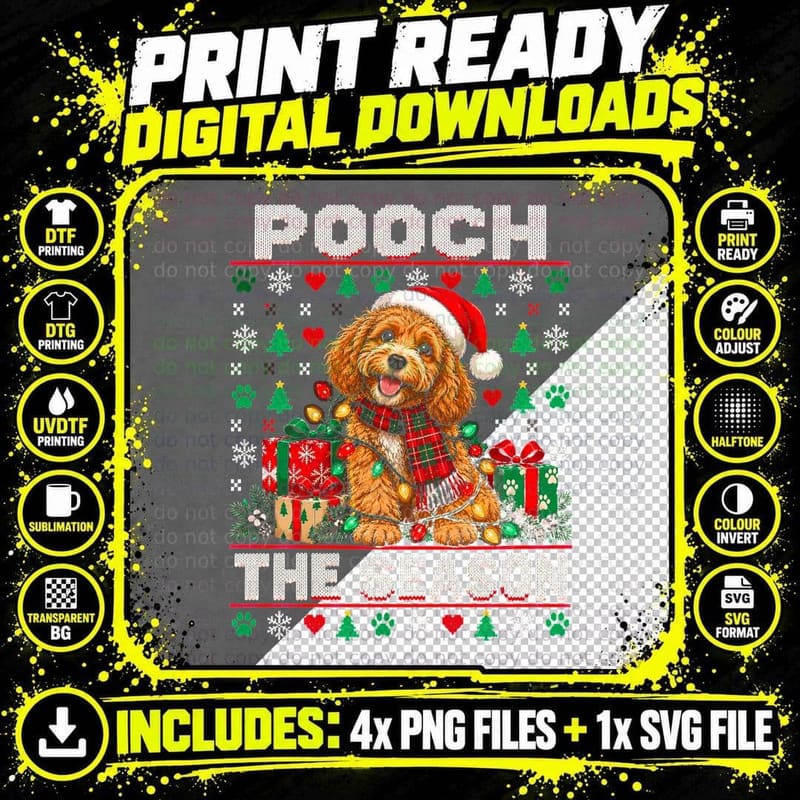 Pooch the Season Cockapoo Tartan Scarf Ugly Christmas Sweater Halftone T-Shirt Png SVG Digital Bundle