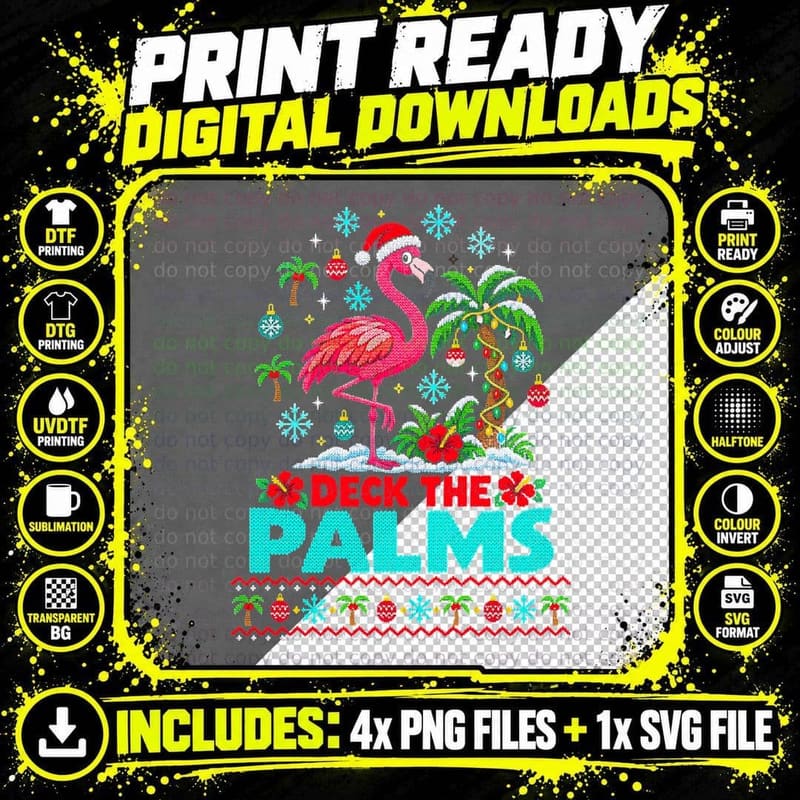 Deck The Palms Christmas Flamingo Ugly Sweater Tropical Png SVG Digital Bundle