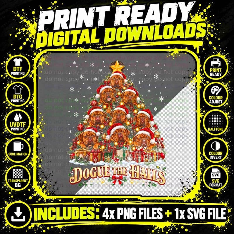 Dogue the Halls French Mastiff Christmas Tree Made of Dogs Halftone T-Shirt Png SVG Digital Bundle