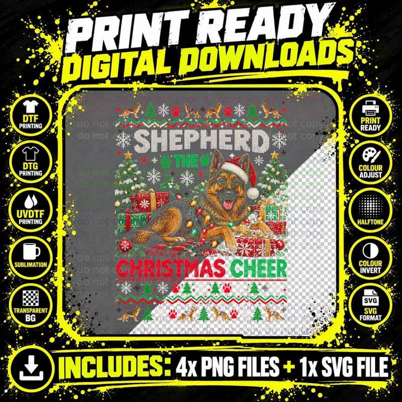 Shepherd the Christmas Cheer German Dog Lights Ugly Sweater Halftone T-Shirt Png SVG Digital Bundle