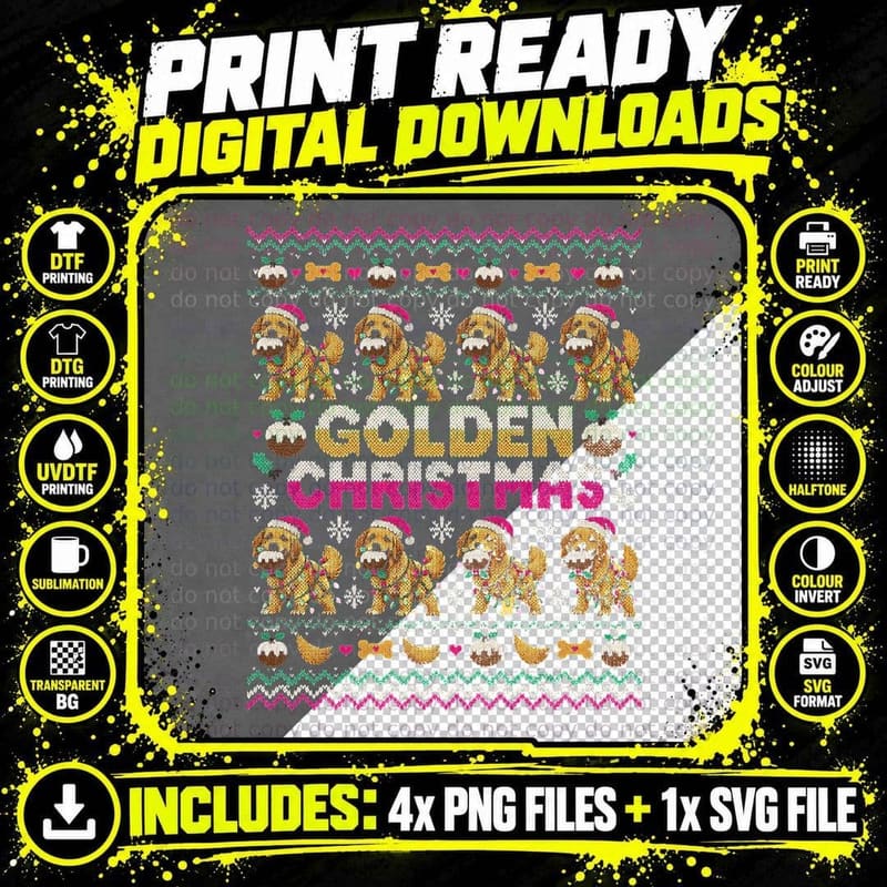 Golden Christmas Retriever Plum Puddings Ugly Xmas Sweater Halftone T-Shirt Png SVG Digital Bundle
