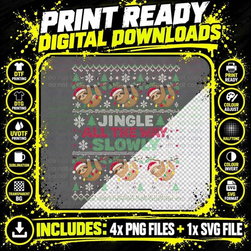Jingle All the Way Slowly Funny Sloth Ugly Christmas Sweater Halftone T-Shirt Png SVG Digital Bundle