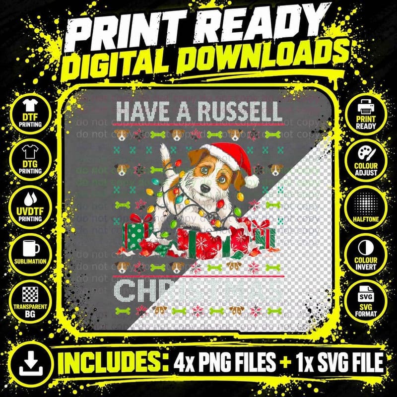 Have a Russell Christmas Jack Terrier Fairy Lights Ugly Sweater Halftone T-Shirt Png SVG Digital Bundle