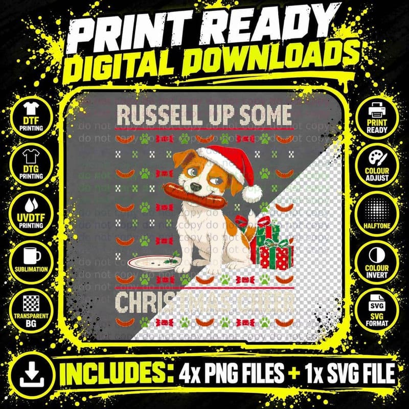 Russell Up Some Christmas Cheer Jack Terrier Sausage Funny Halftone T-Shirt Png SVG Digital Bundle