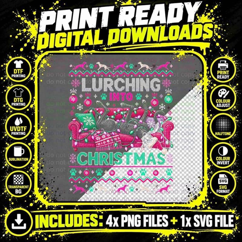 Lurching Into Christmas Grey Lurcher Sofa Fairy Lights Funny Halftone T-Shirt Png SVG Digital Bundle
