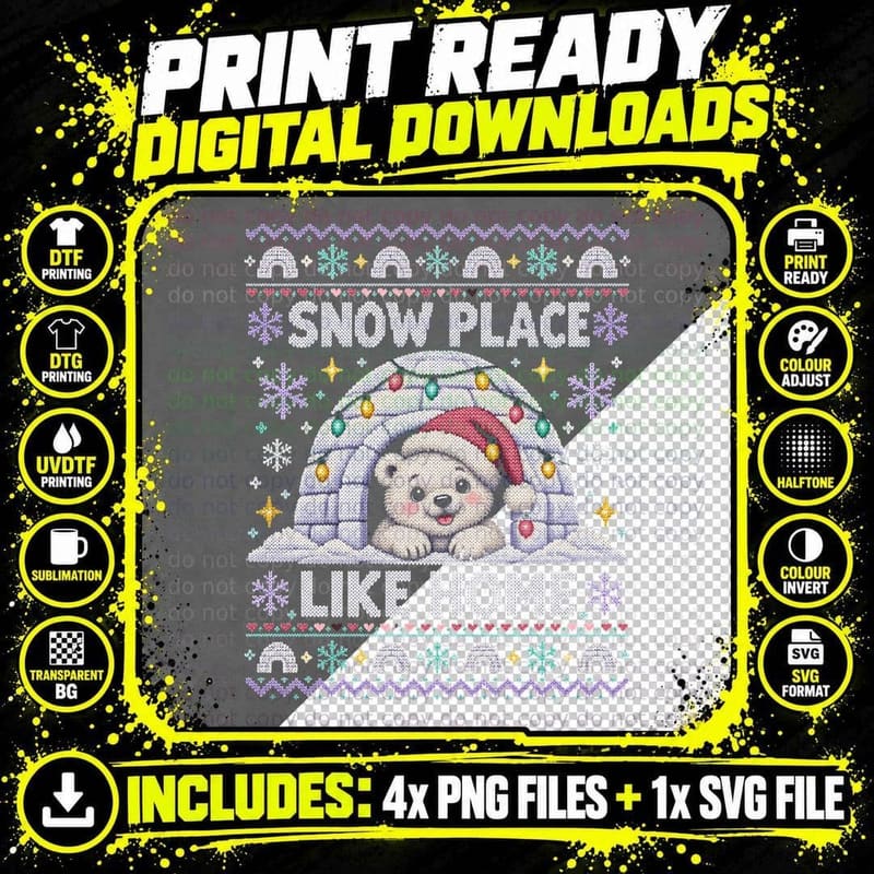 Snow Place Like Home Polar Bear Christmas Ugly Sweater Png SVG Digital Bundle