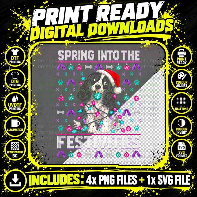 Spring Into the Festivities Springer Spaniel Ugly Xmas Sweater Halftone T-Shirt Png SVG Digital Bundle