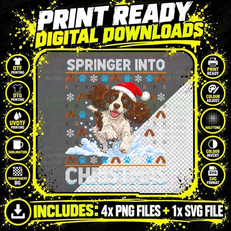 Springer Into Christmas Spaniel Running in Snow Ugly Sweater Halftone T-Shirt Png SVG Digital Bundle