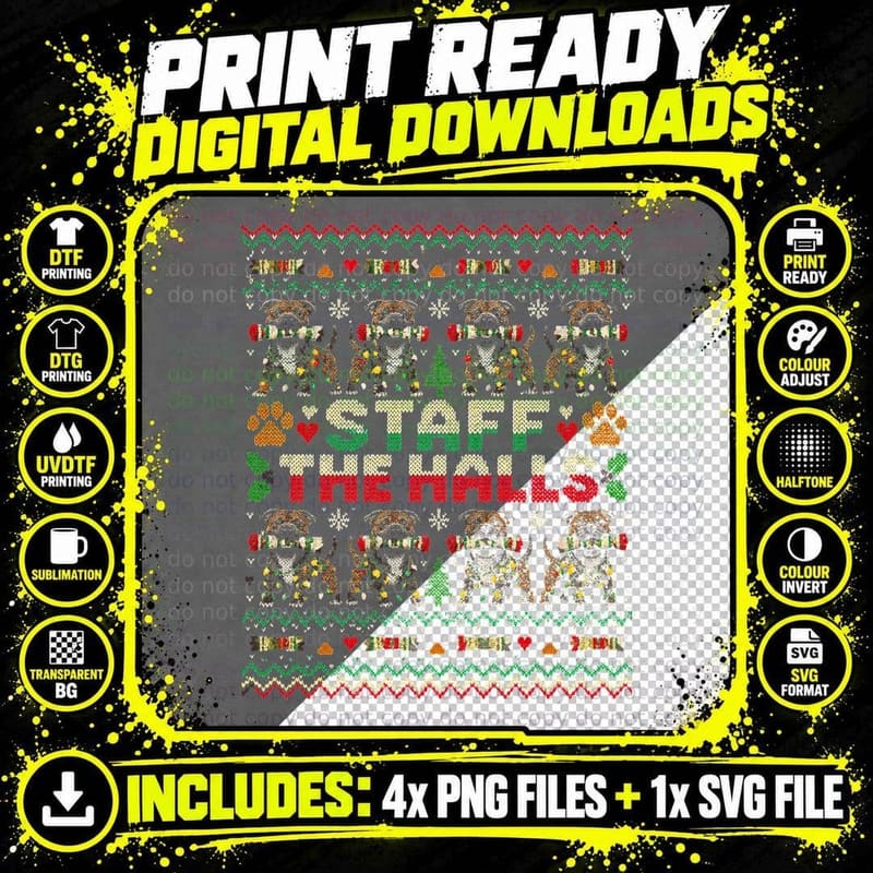 Staff the Halls Staffordshire Bull Terrier Xmas Crackers Staffy Halftone T-Shirt Png SVG Digital Bundle
