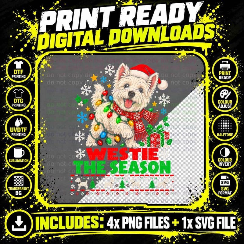 Westie the Season West Highland Terrier Ugly Christmas Sweater Halftone T-Shirt Png SVG Digital Bundle