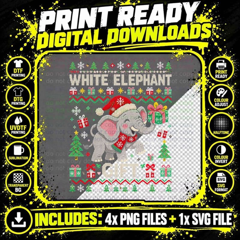 White Elephant Gift Exchange Christmas Funny Ugly Png SVG Digital Bundle