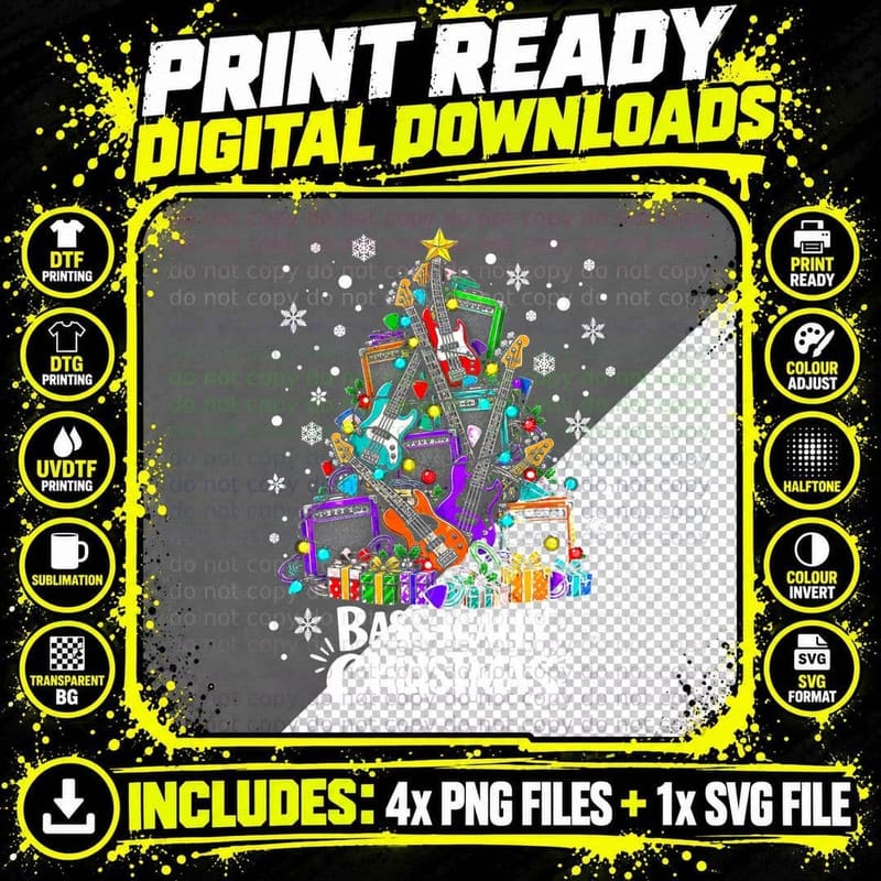 Bass Guitar Christmas Bassist Electric Bass Player Png SVG Digital Bundle