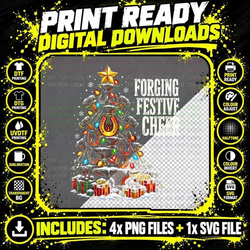 Forging Festive Cheer Blacksmith Horseshoe Anvil Christmas Tree Halftone T-Shirt Png SVG Digital Bundle