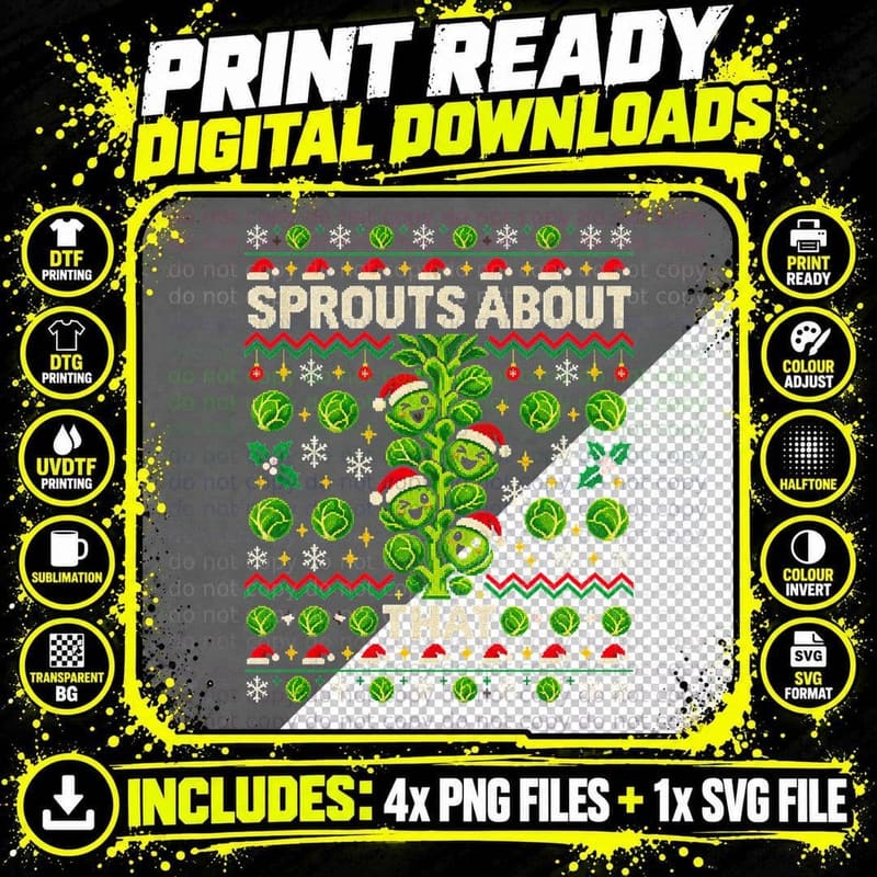 Sprouts About That Brussels Stalk Ugly Christmas Sweater Pun Halftone T-Shirt Png SVG Digital Bundle