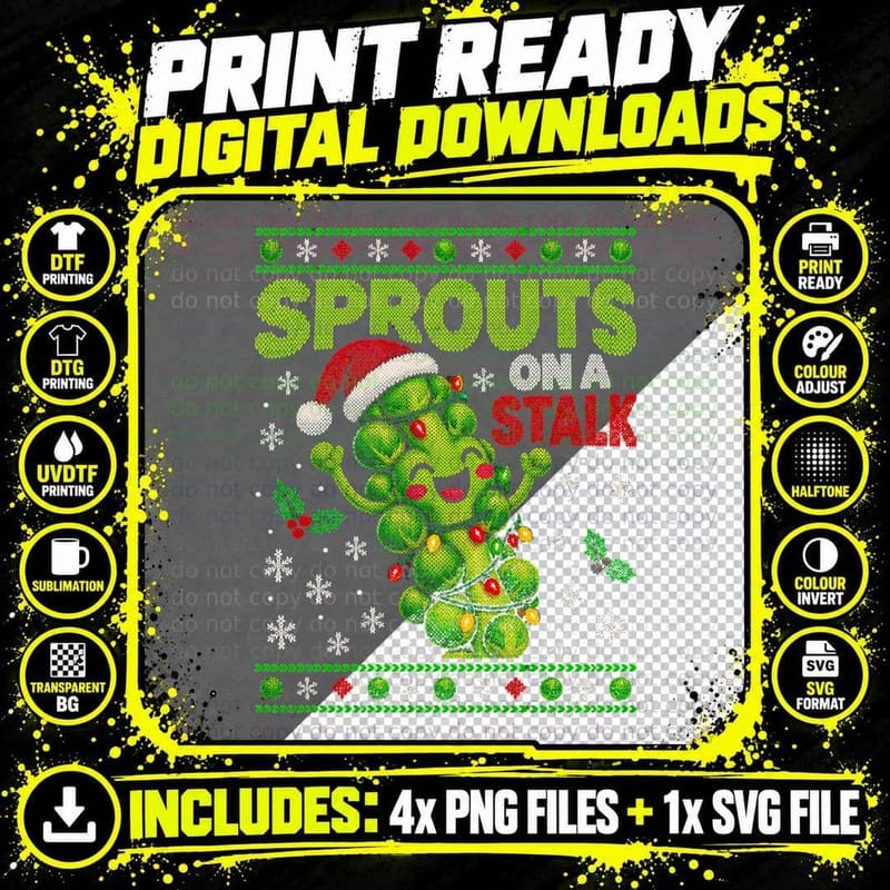 Sprouts on a Stalk Dancing Brussels Sprout Ugly Xmas Sweater Halftone T-Shirt Png SVG Digital Bundle